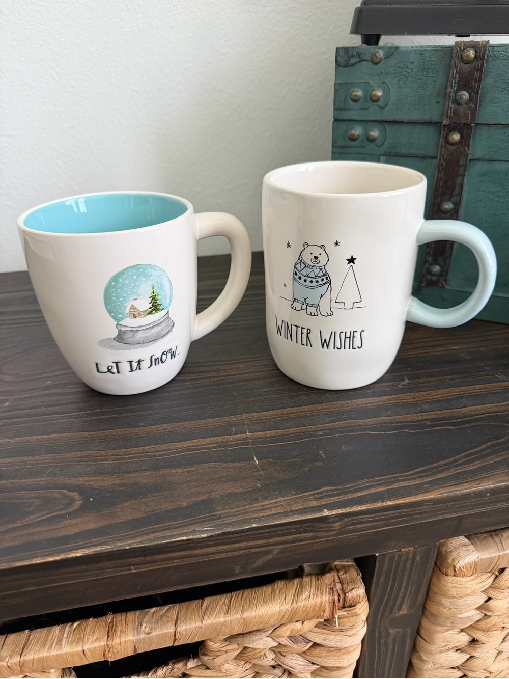 Rae Dunn set of 2 White Ceramic mugs -  Winter Wishes & Let it Snow